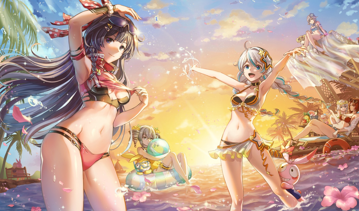 benghuai_xueyuan bikini bronya_zaychik garter honkai_impact megane myurumyuru open_shirt see_through shirt_lift swimsuits theresa_apocalypse undressing wet