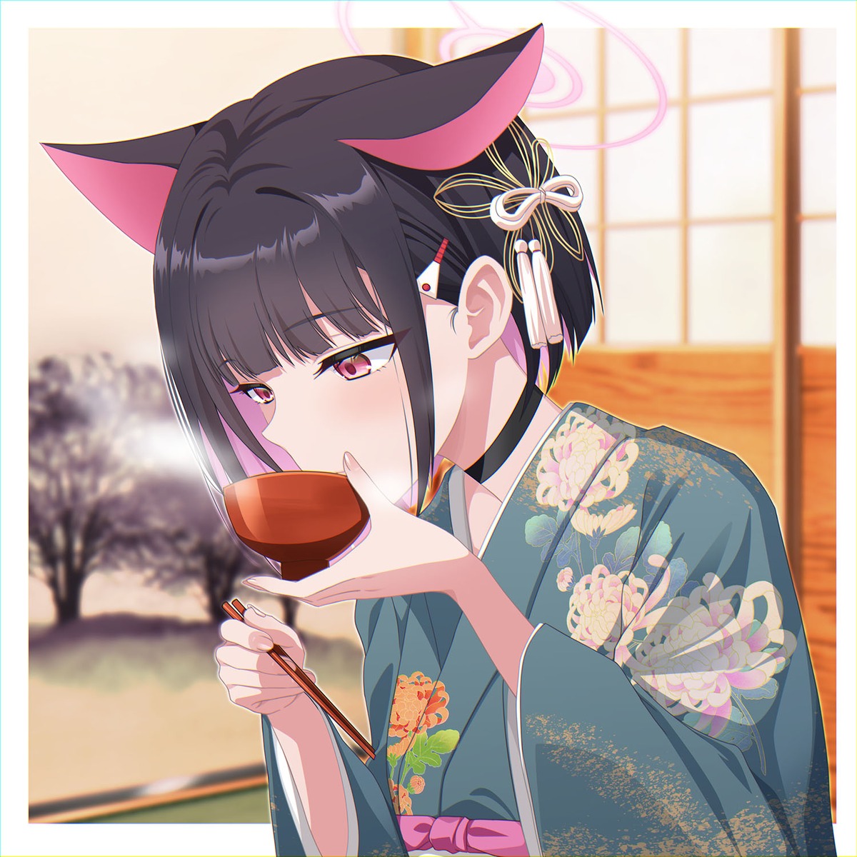 animal_ears blue_archive eko halo japanese_clothes kyouyama_kazusa nekomimi