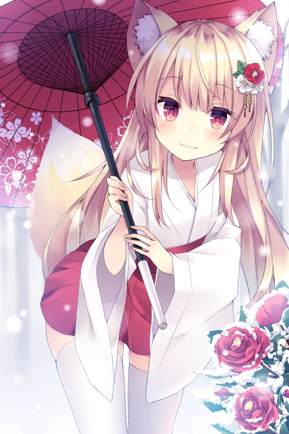 animal_ears komomo_(pixiv_2257693) miko tail thighhighs umbrella