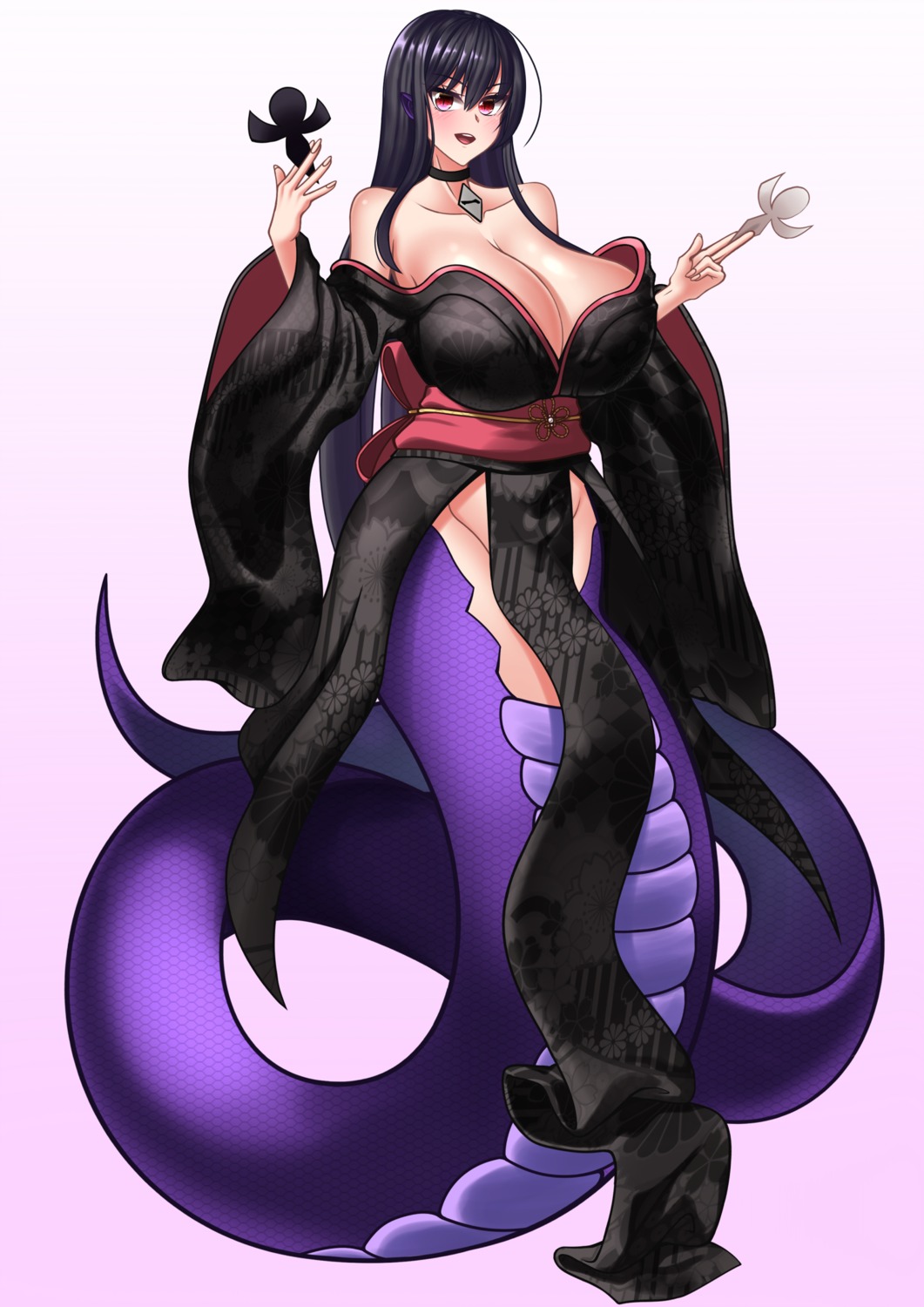efreet_(artist) japanese_clothes monster_girl no_bra nopan open_shirt pointy_ears tail