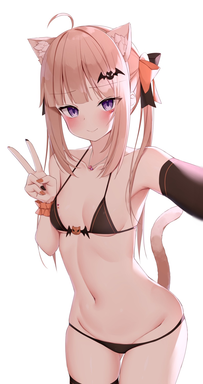 animal_ears bikini halloween kamu_(geeenius) nekomimi selfie swimsuits tail thighhighs