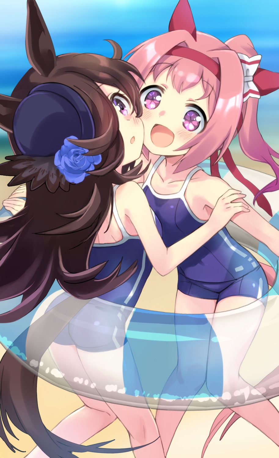 animal_ears ass haru_urara_(umamusume) hizuki_yayoi rice_shower_(umamusume) school_swimsuit swimsuits symmetrical_docking tail uma_musume_pretty_derby