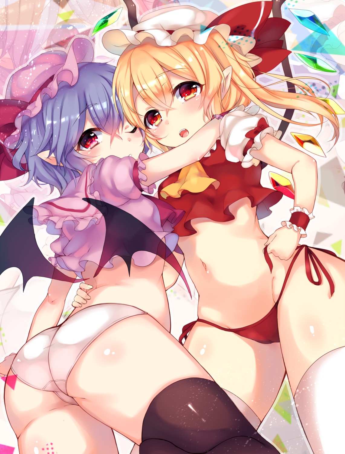 ass flandre_scarlet harakasu loli pantsu pointy_ears remilia_scarlet string_panties thighhighs touhou wings