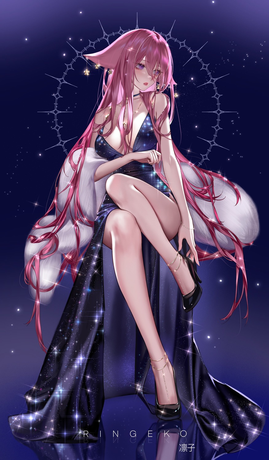 animal_ears artist_revision dress genshin_impact heels kitsune no_bra ringeko-chan yae_miko