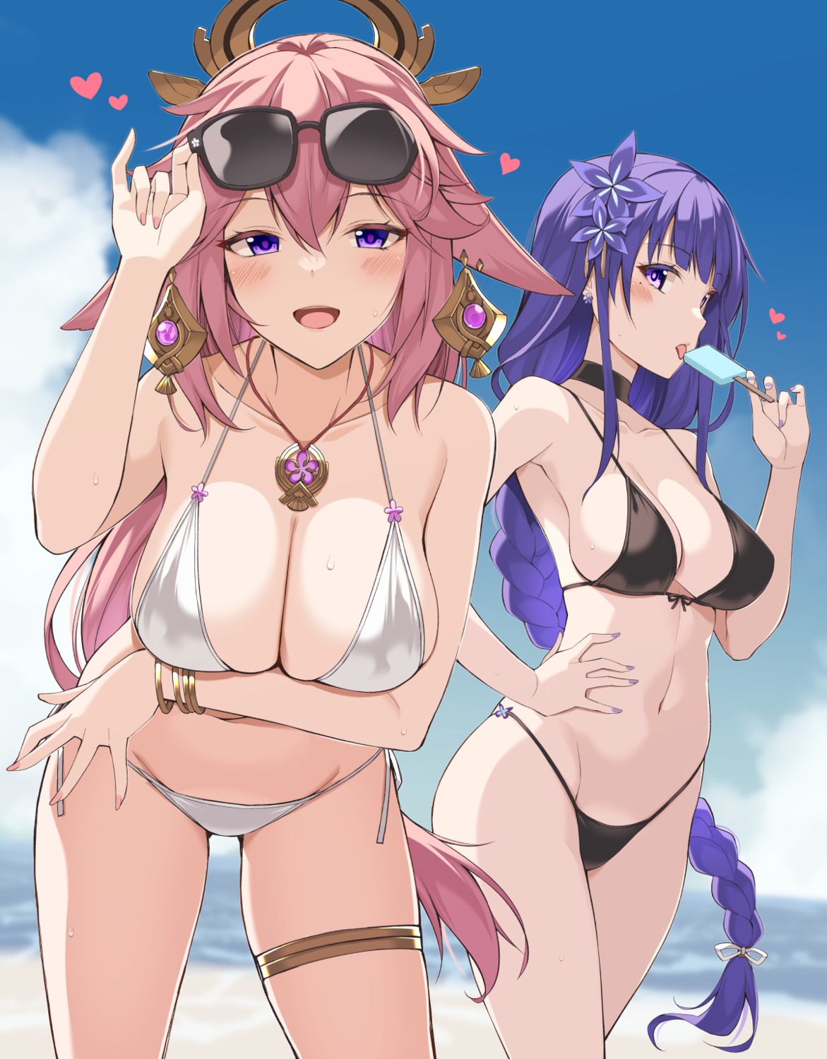 animal_ears bikini breast_hold garter genshin_impact kitsune megane oota_yuuichi raiden_shogun swimsuits yae_miko