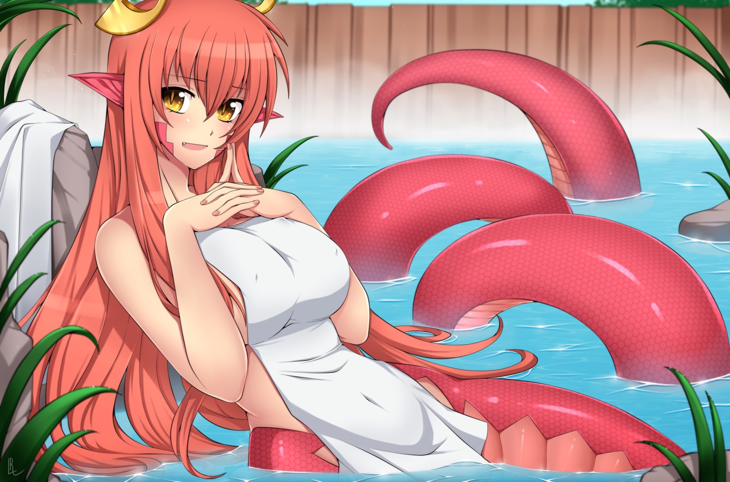 bathing lindaroze miia_(monster_musume) monster_girl monster_musume_no_iru_nichijou naked onsen pointy_ears tail towel wet