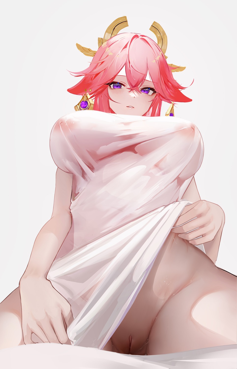 animal_ears genshin_impact kitsune naked nipples omone_hokoma_agm pussy see_through towel uncensored yae_miko