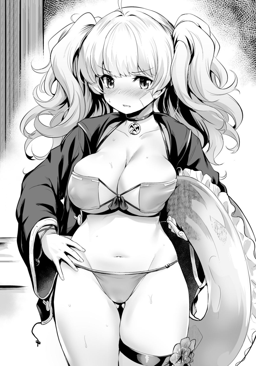 bandaid bikini erect_nipples garter granblue_fantasy kizuka_kazuki monika_weisswind monochrome open_shirt swimsuits