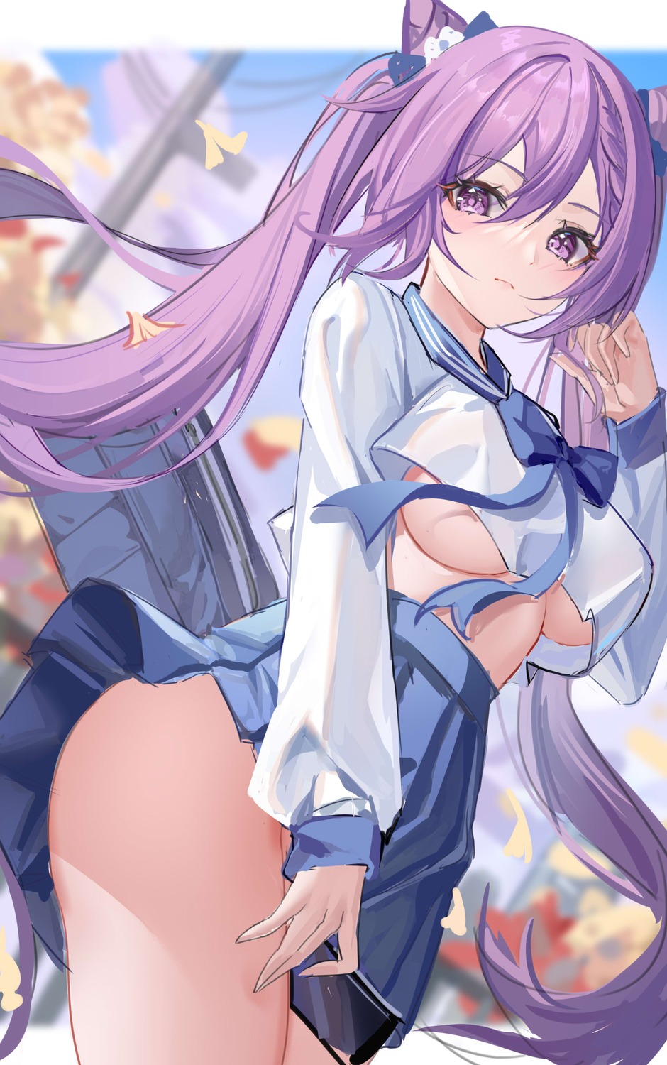 genshin_impact keqing no_bra see_through seifuku skirt_lift underboob wenbugu