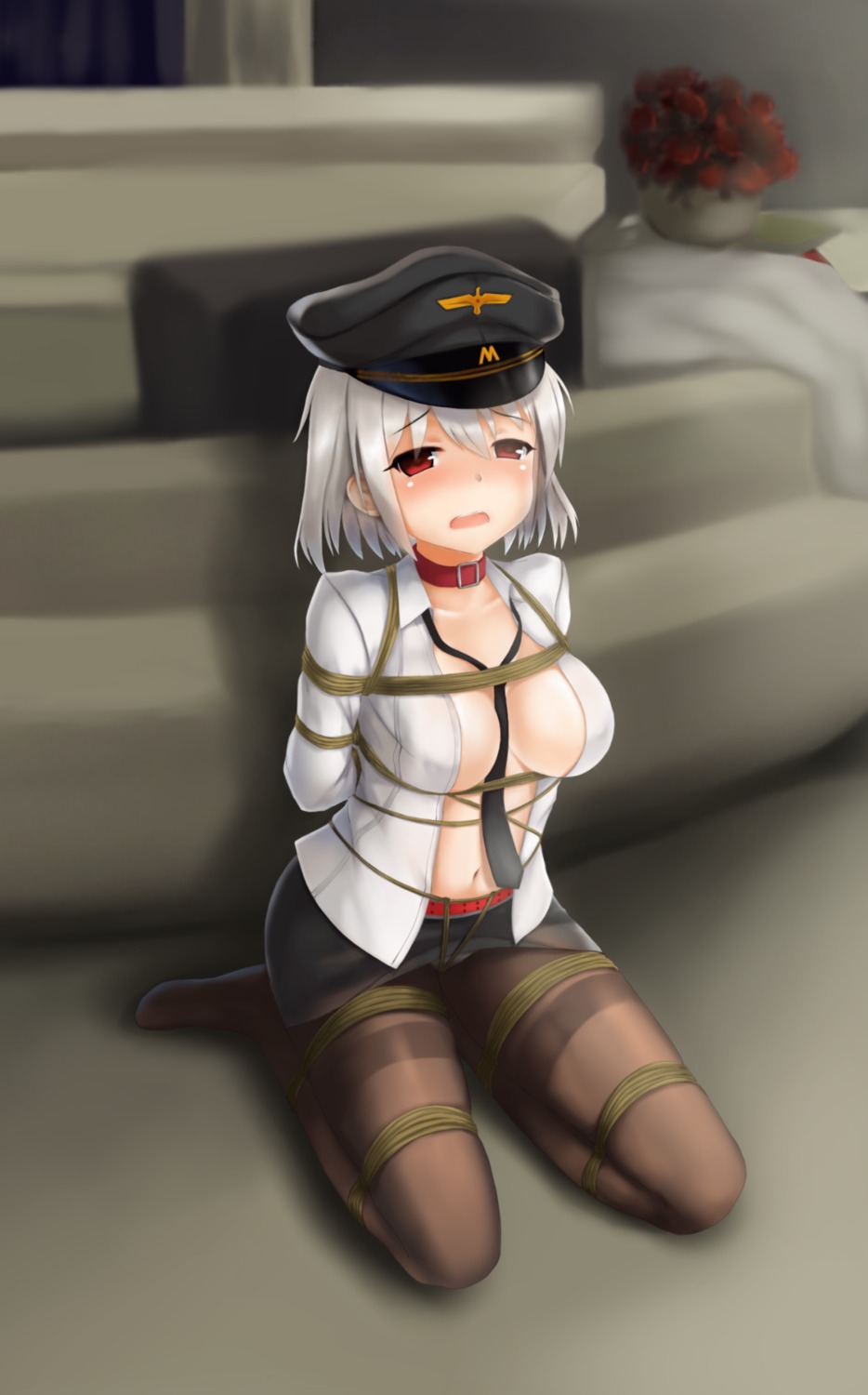 bondage cleavage erect_nipples graf_zeppelin_(zhanjianshaonv) lanse_dai_mao no_bra open_shirt pantyhose zhanjianshaonv