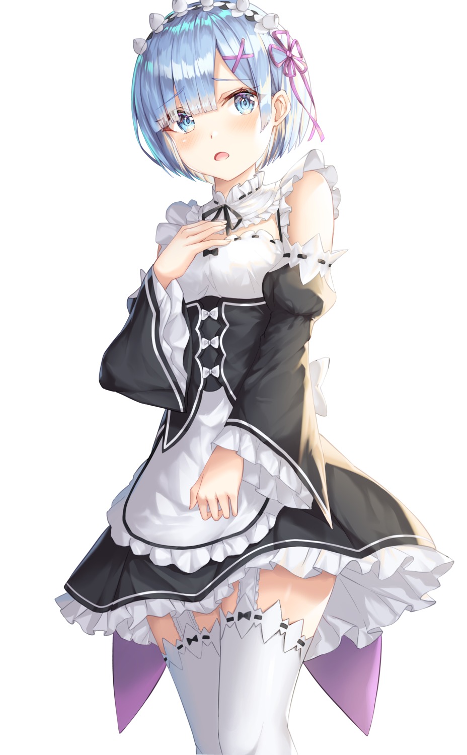 breast_hold kokose maid re_zero_kara_hajimeru_isekai_seikatsu rem_(re_zero) stockings thighhighs