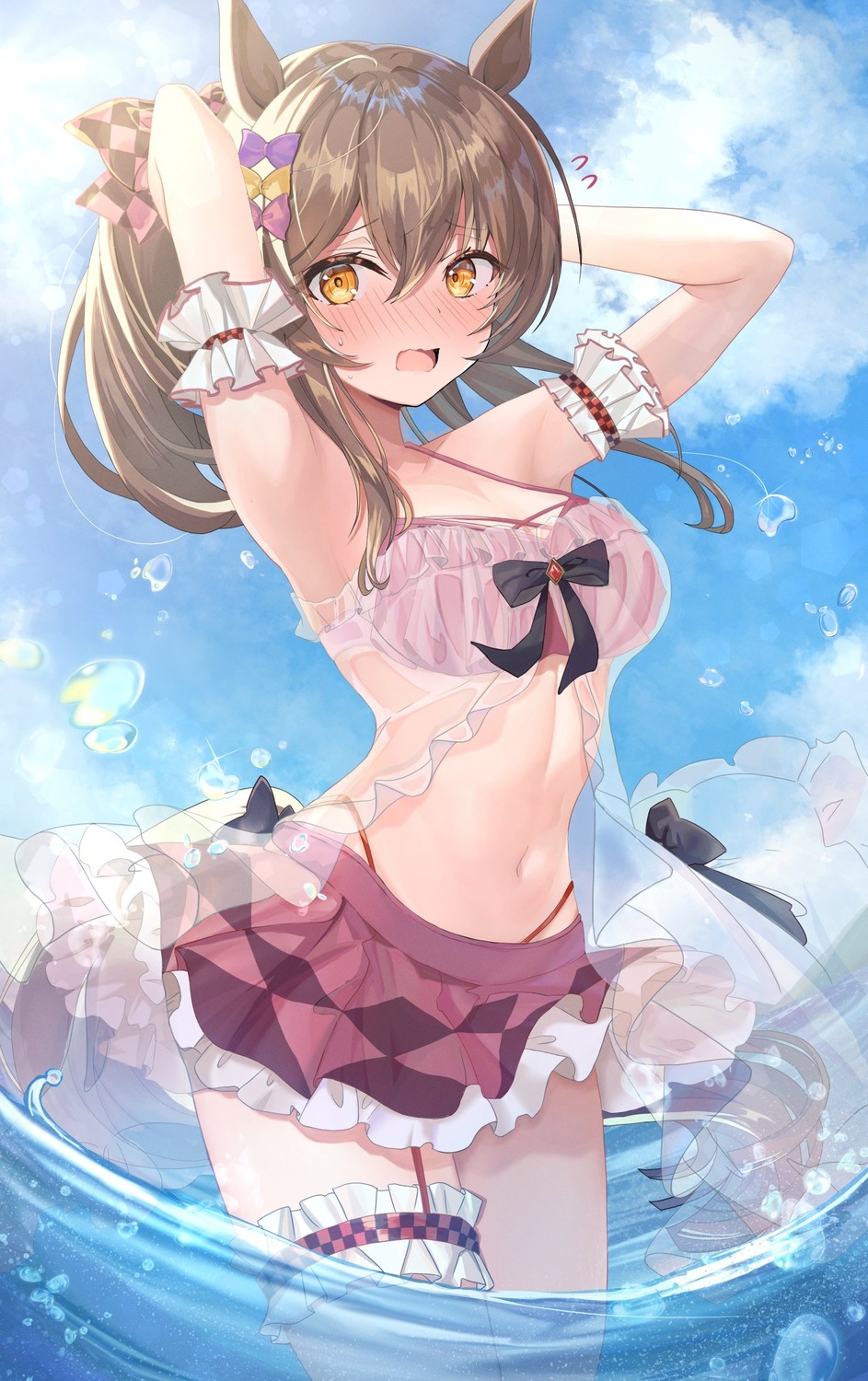 animal_ears bikini garter hiyoko_neneko see_through smart_falcon_(umamusume) swimsuits tail uma_musume_pretty_derby wet