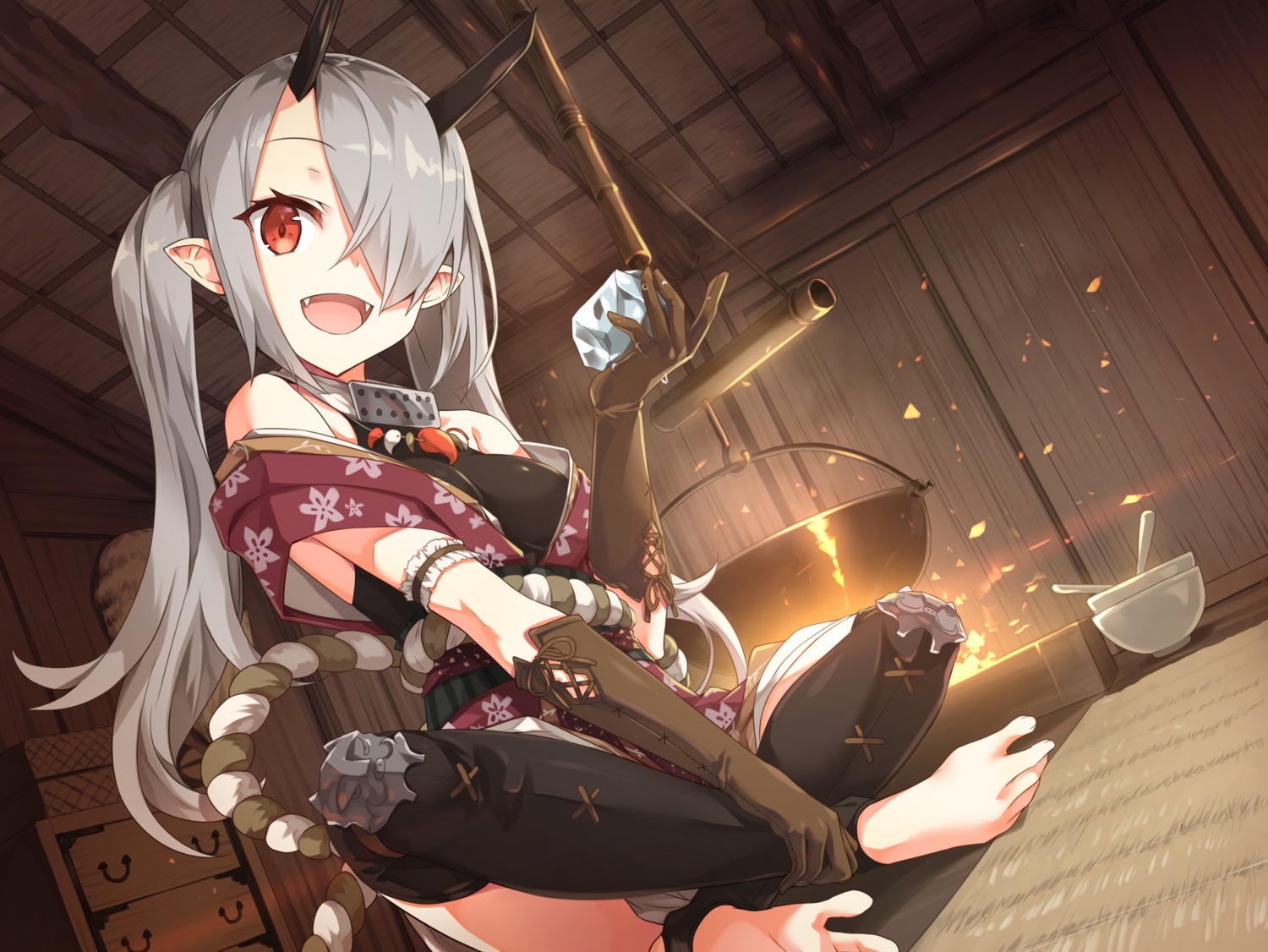 armor ayakashi_kyoushuutan cura horns japanese_clothes pointy_ears thighhighs whisp