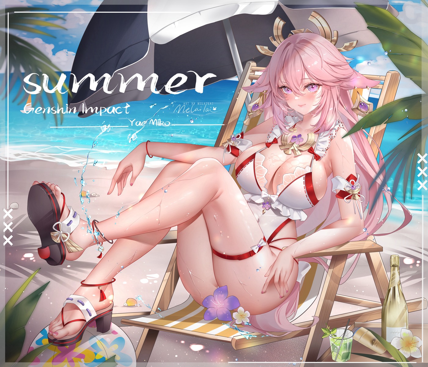 animal_ears bikini feet garter genshin_impact heels kitsune melailai swimsuits yae_miko