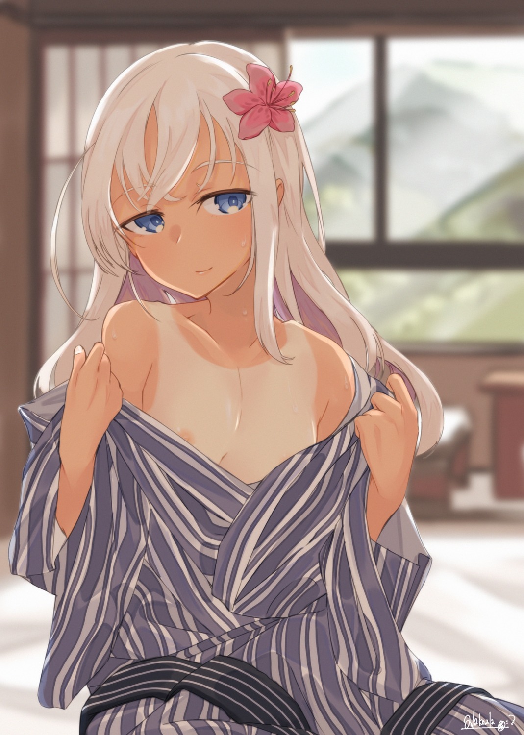 alakoala_shoushou kantai_collection loli nipples no_bra open_shirt ro-500 tan_lines undressing yukata