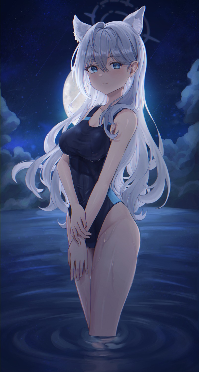 animal_ears blue_archive halo lala_(pixiv_42039091) nekomimi shiroko_terror sunaookami_shiroko swimsuits wet