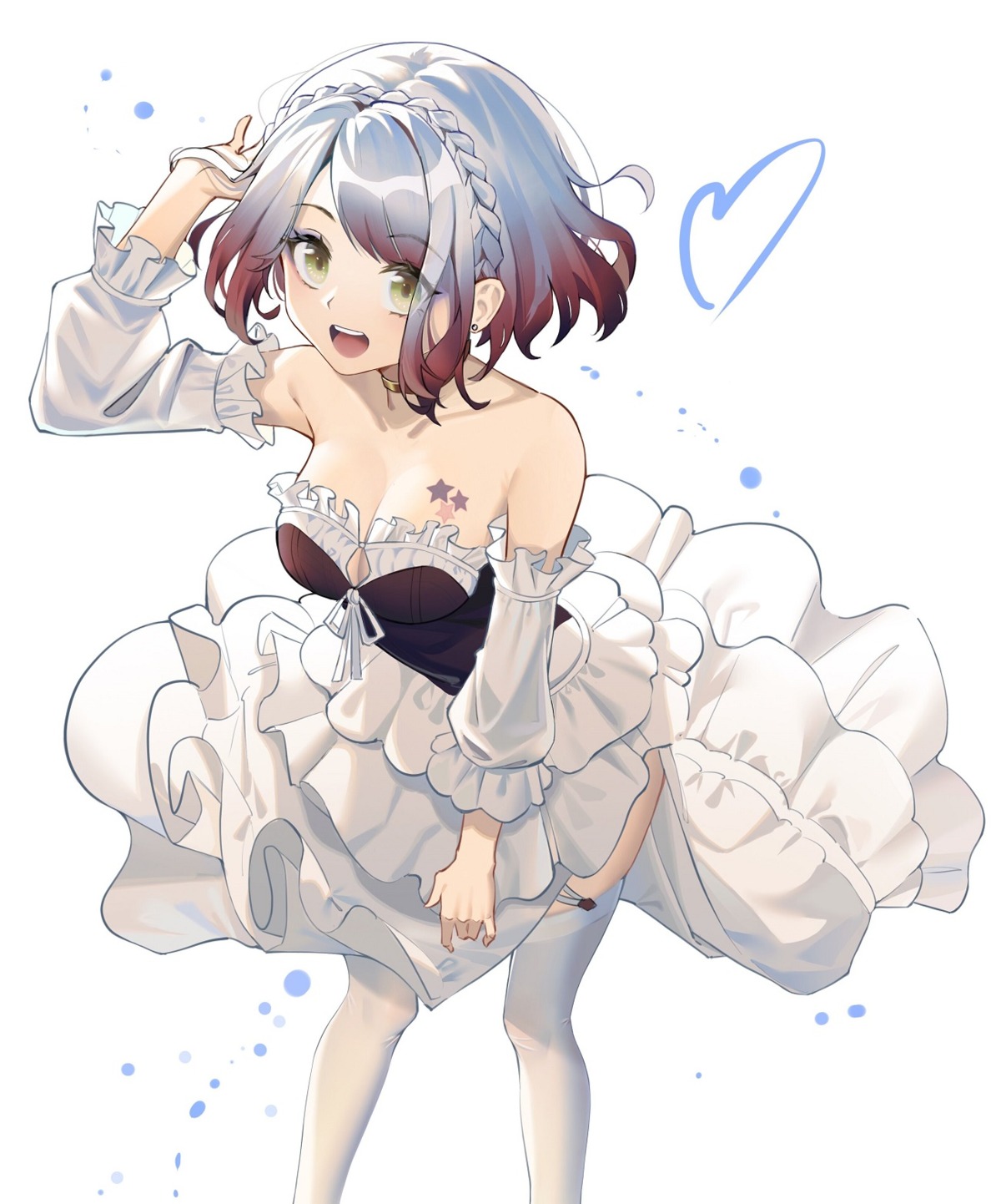 cleavage mobu_(wddtfy61) no_bra skirt_lift stockings tattoo thighhighs