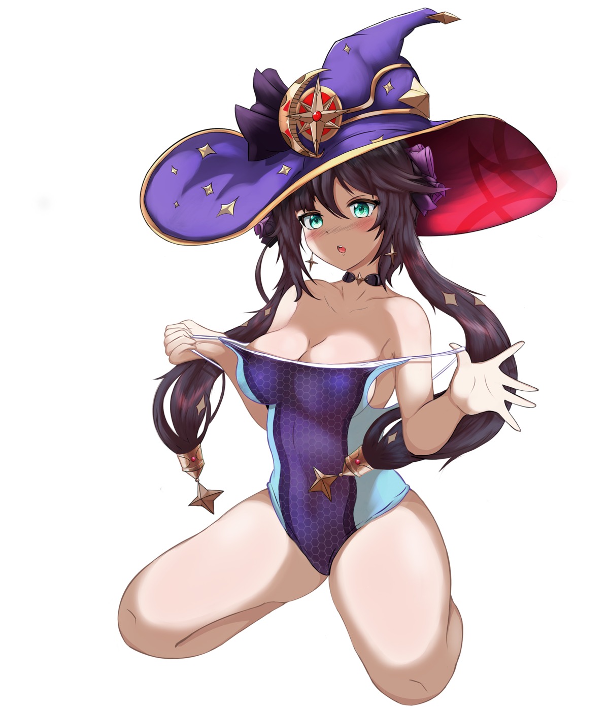 cleavage genshin_impact mona_megistus swimsuits t3x undressing witch