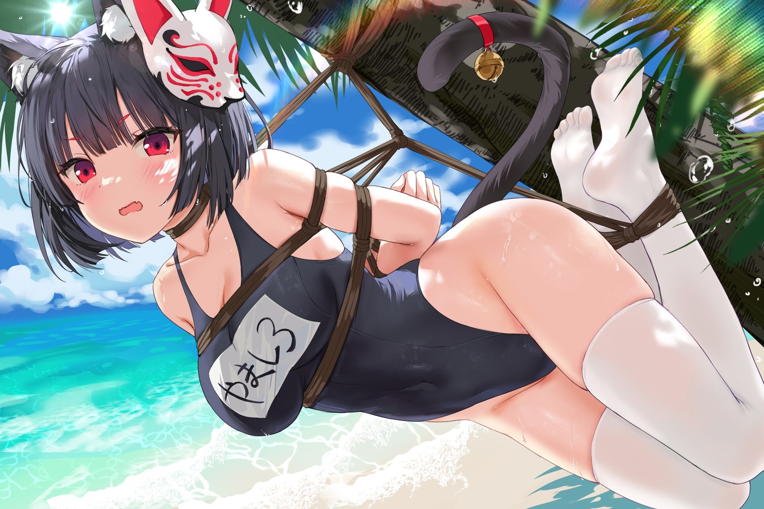 animal_ears azur_lane bondage devil_heavens nekomimi school_swimsuit swimsuits tail thighhighs yamashiro_(azur_lane)