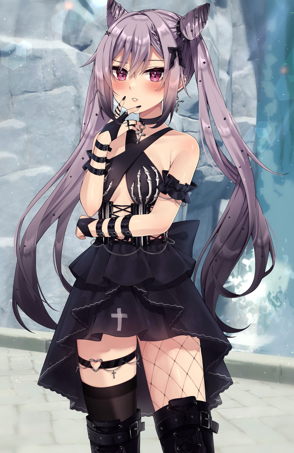 fishnets garter genshin_impact gothic_lolita keqing lolita_fashion no_bra thighhighs vitaminechan