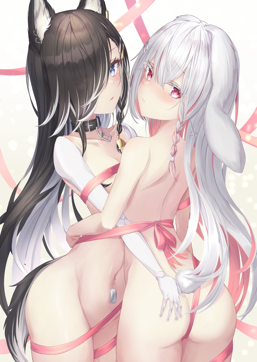 animal_ears areola ass ass_grab bunny_ears naked_ribbon shirousagi_(sirousagi1998) tail yuri