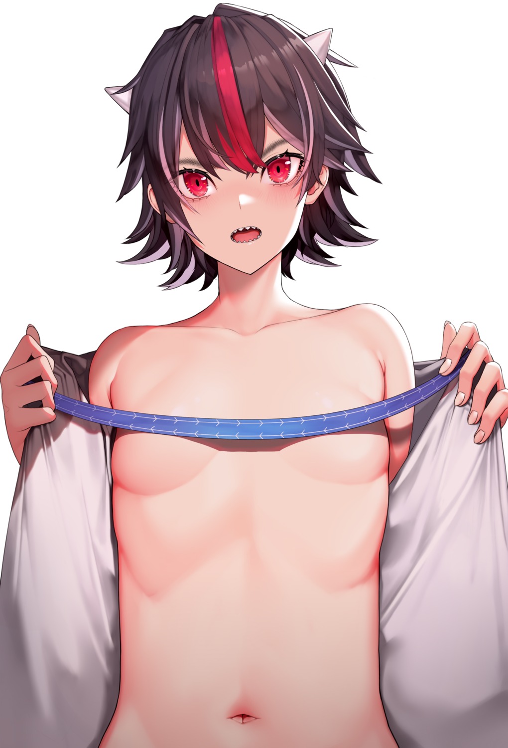 banitya breasts horns kijin_seija no_bra open_shirt touhou undressing