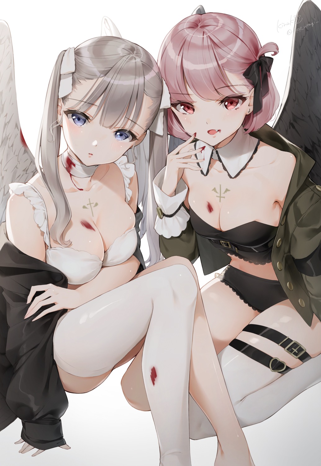 bandages blood bra breast_hold cleavage garter kinako_(shiratama_mochi) open_shirt tattoo thighhighs wings