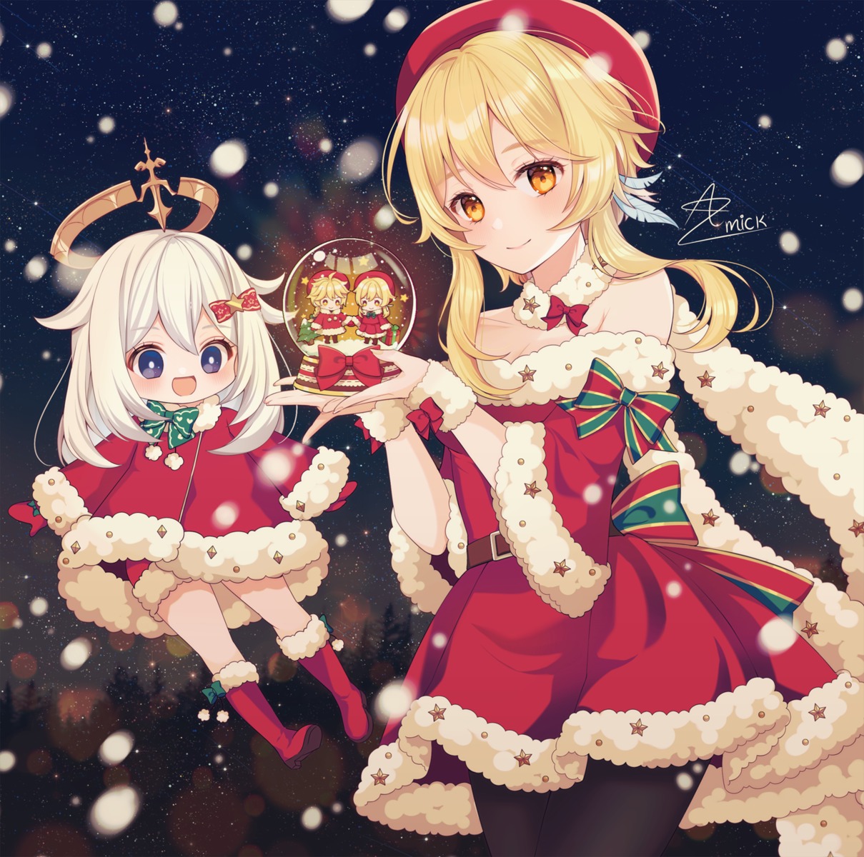 amick_(americanomix) chibi christmas cleavage dress genshin_impact lumine no_bra paimon pantyhose