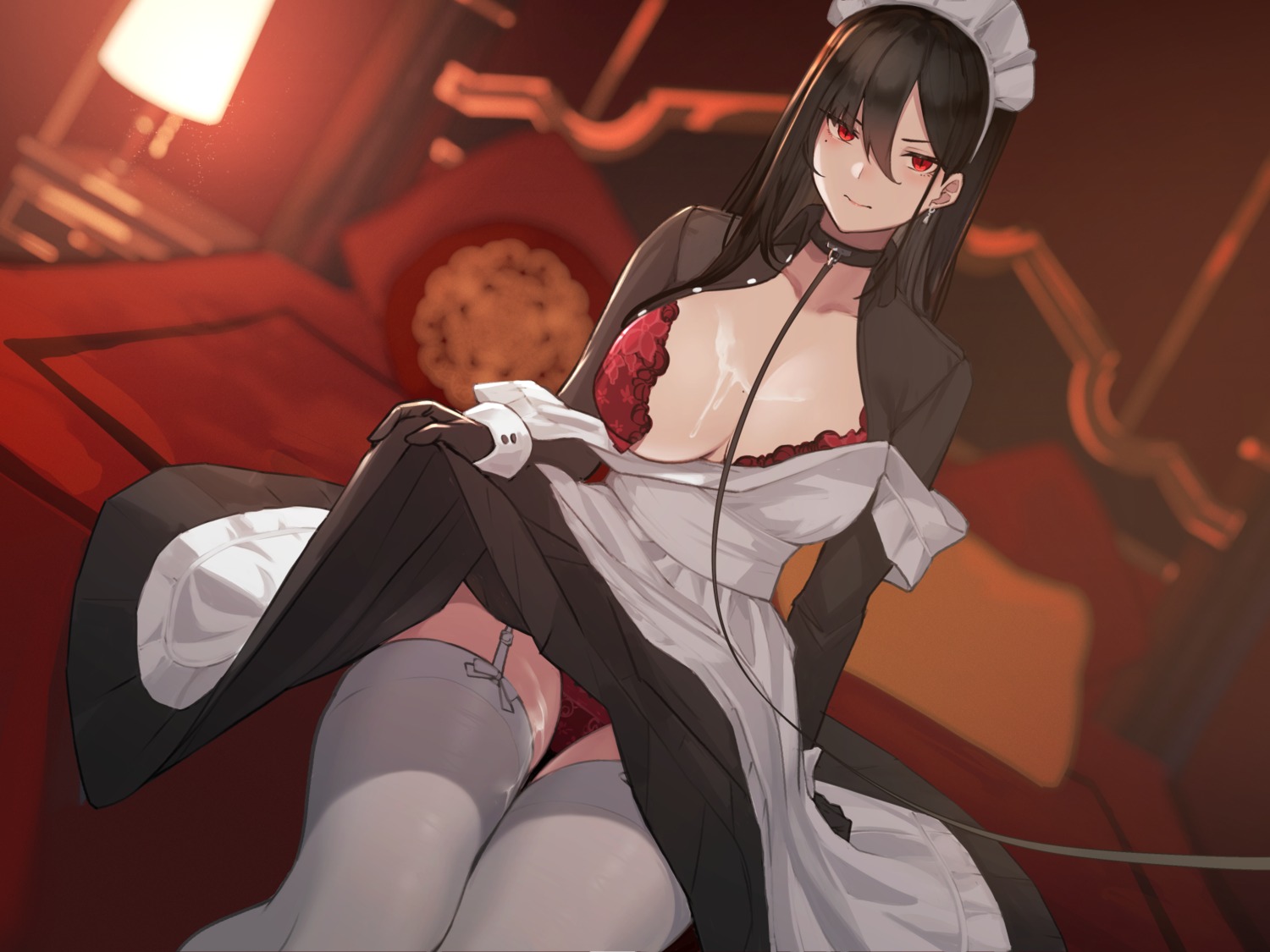 bra cum hayabusa maid open_shirt pantsu skirt_lift stockings thighhighs