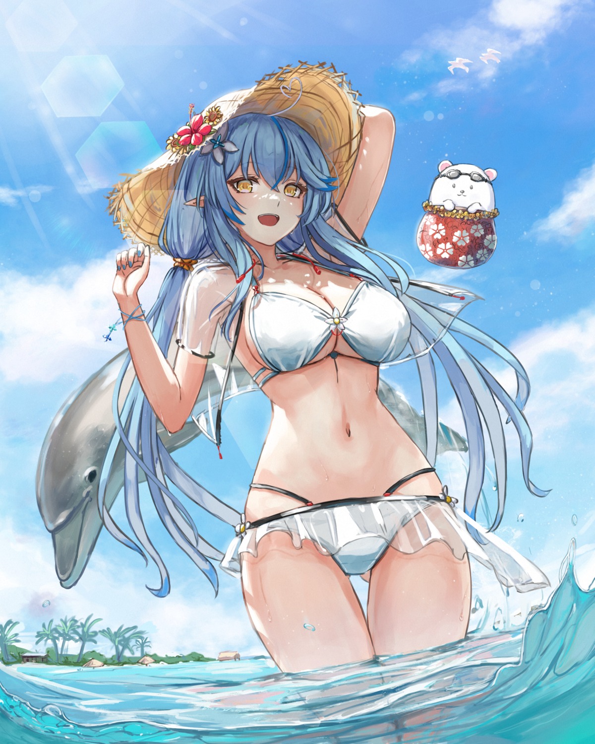 bikini elf hololive open_shirt pointy_ears see_through swimsuits tachikana6 wet yukihana_lamy