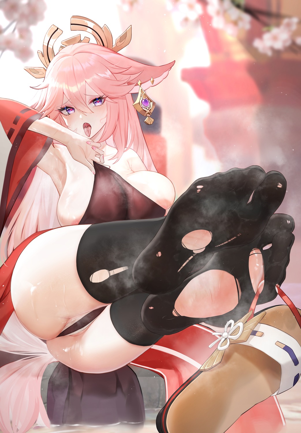 animal_ears areola feet genshin_impact japanese_clothes kitsune no_bra pantsu see_through tail thighhighs thong torn_clothes ursica yae_miko