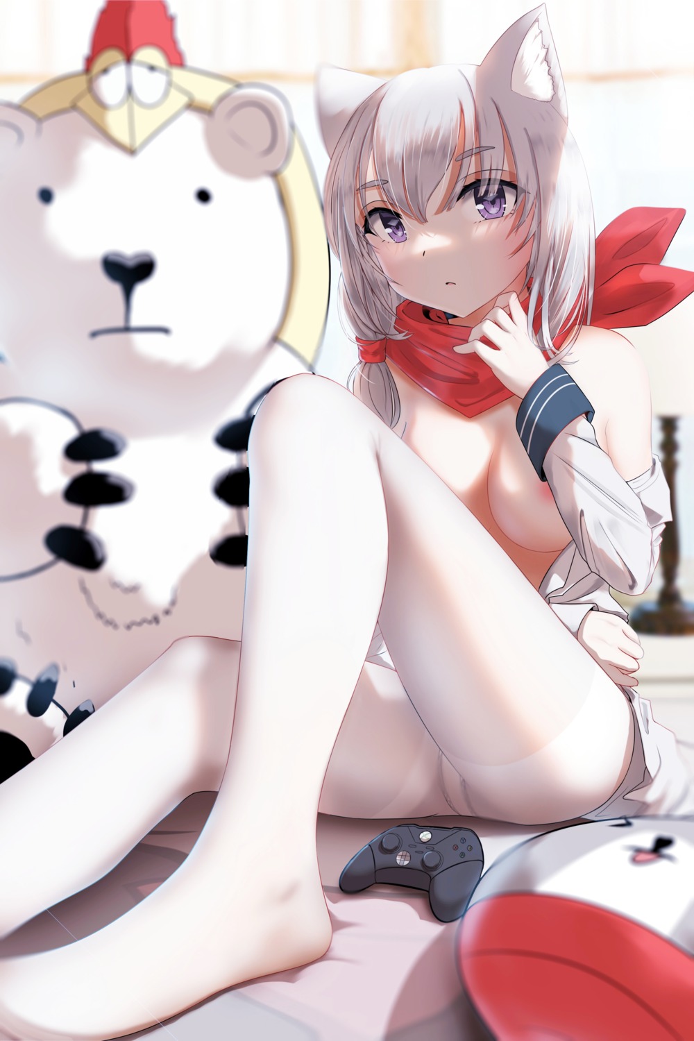 animal_ears areola breasts feet monstarno no_bra open_shirt pantsu pantyhose seifuku