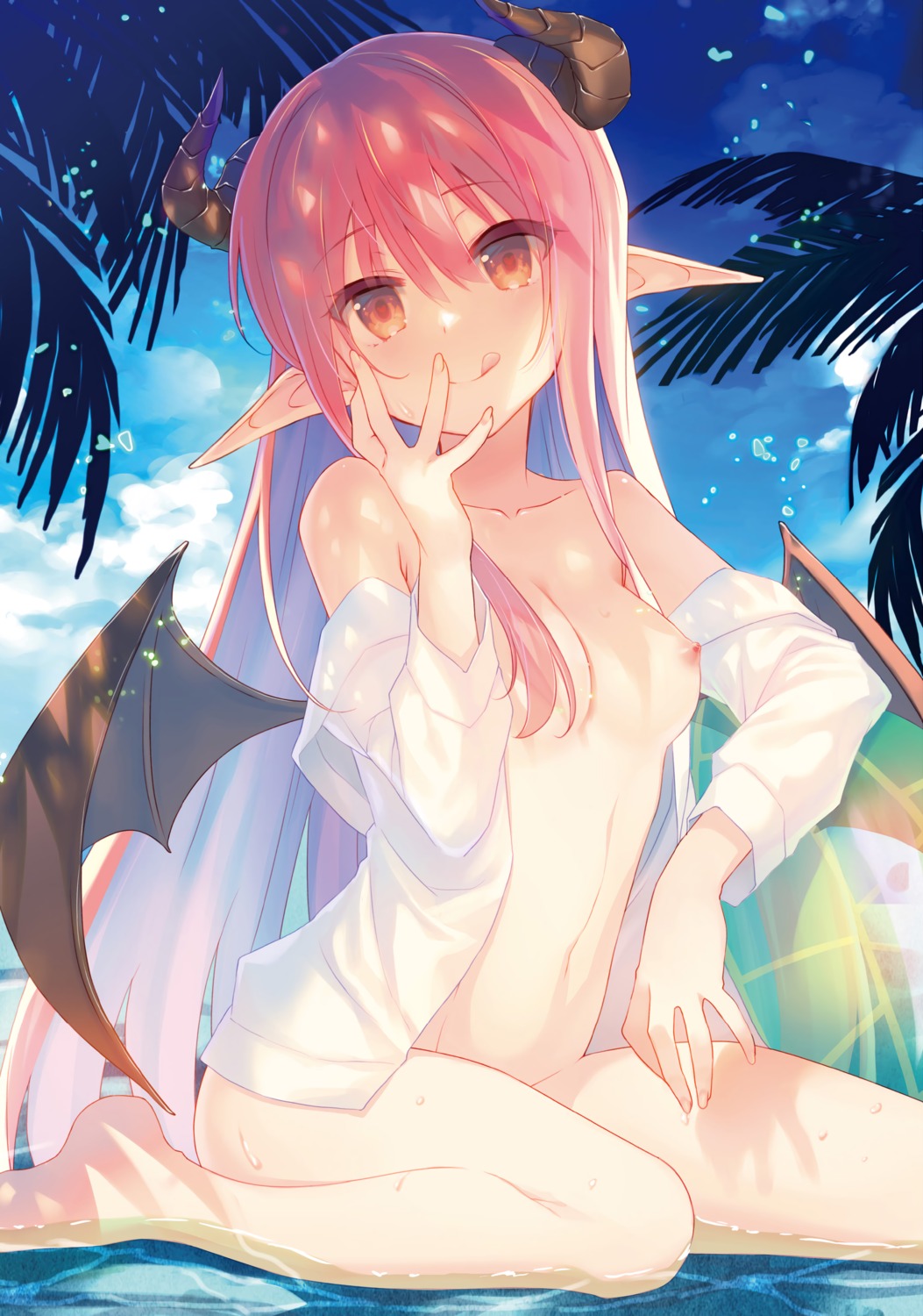 bottomless breasts devil dress_shirt horns nipples no_bra open_shirt pointy_ears takei_ooki wet wings
