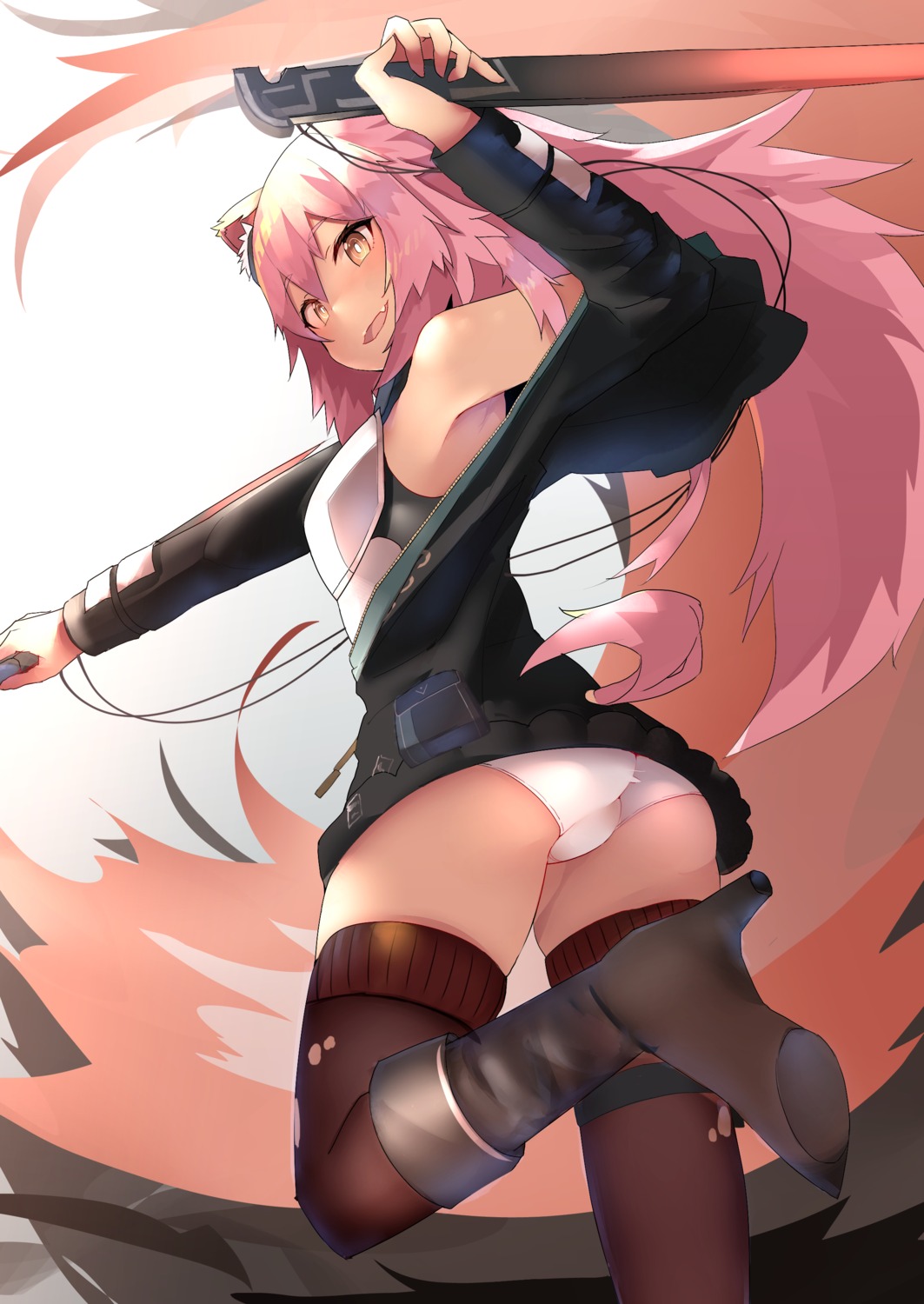 animal_ears arknights armor ass gravel_(arknights) heels pantsu skirt_lift sword tagme thighhighs