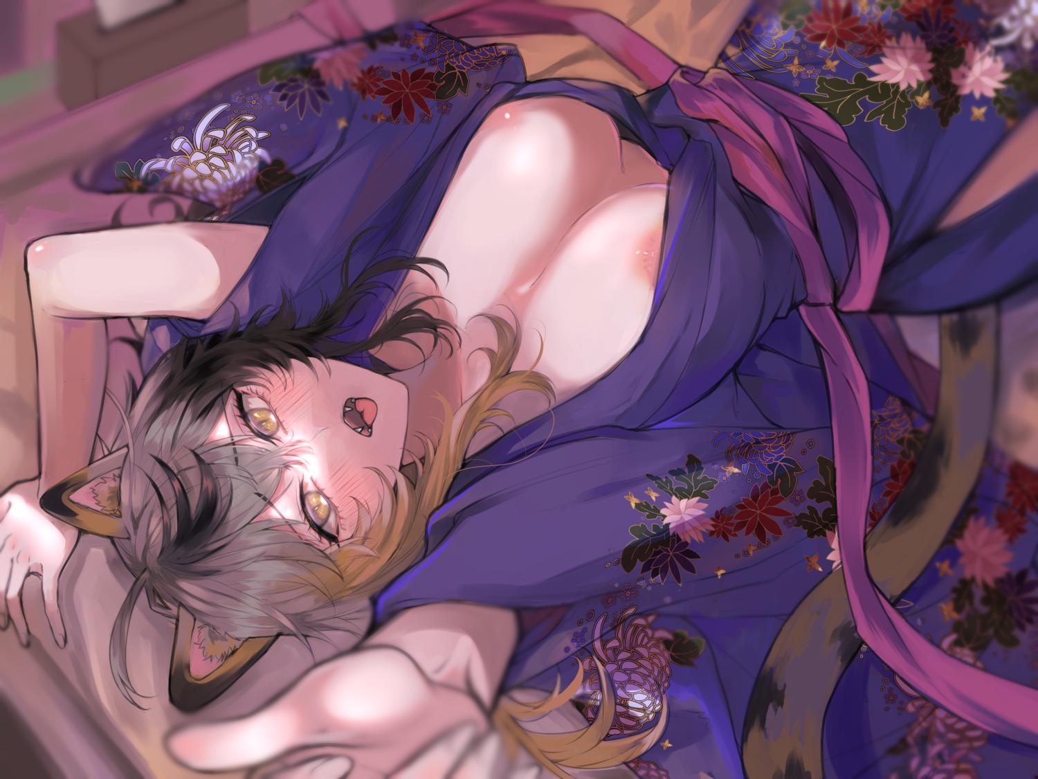 animal_ears areola no_bra open_shirt tail tiriudon yukata