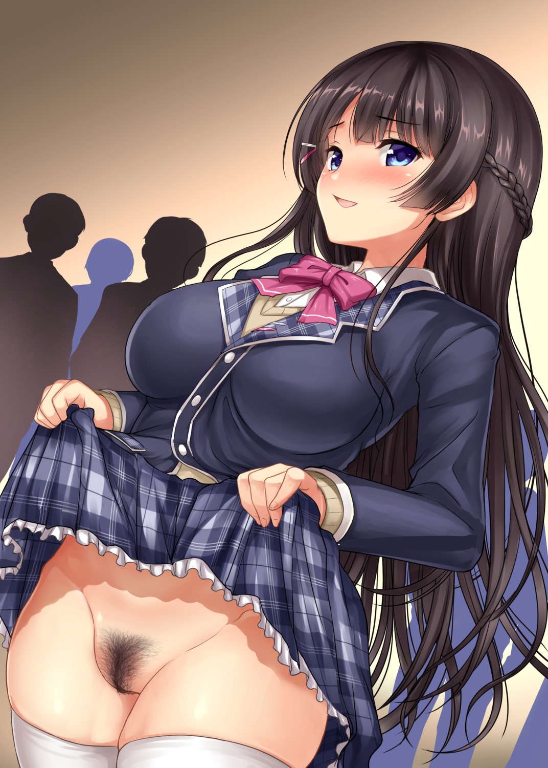 hamo nijisanji nopan pubic_hair pussy seifuku skirt_lift sweater tsukino_mito uncensored