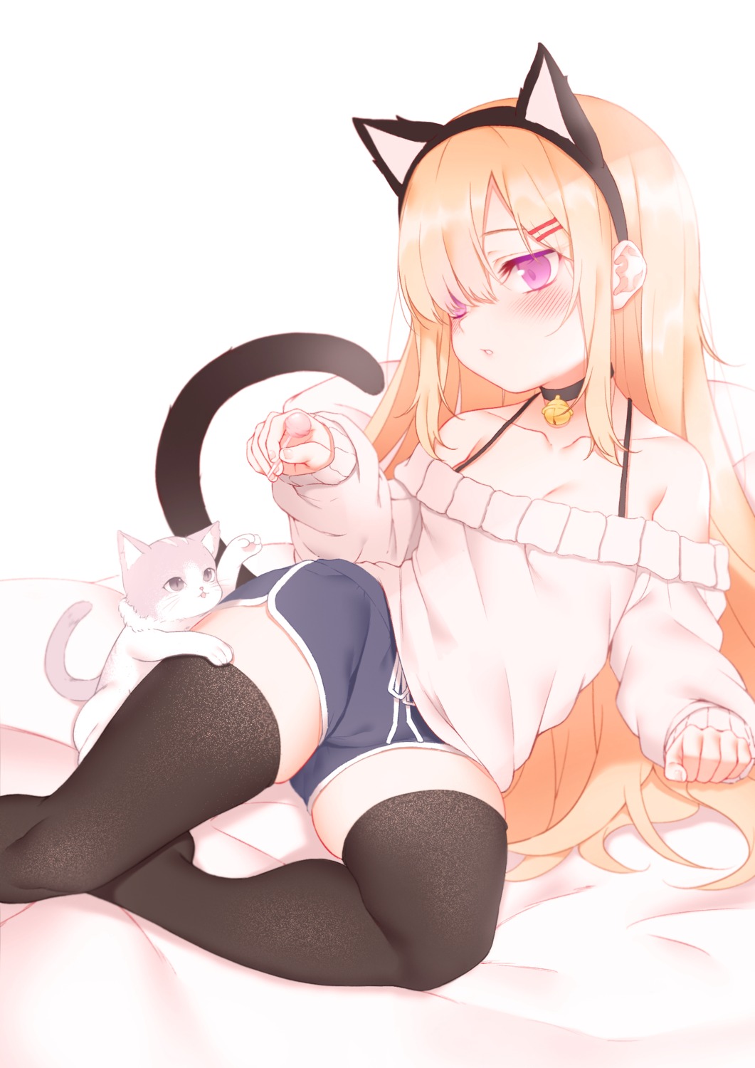 animal_ears cleavage neko nekomimi sweater tail thighhighs zhaofeng_yinyue