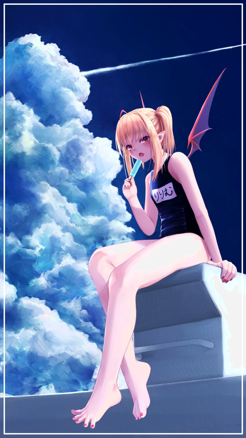 feet makaino_ririmu nanome_to nijisanji nijisanji_gamers pointy_ears school_swimsuit swimsuits wings