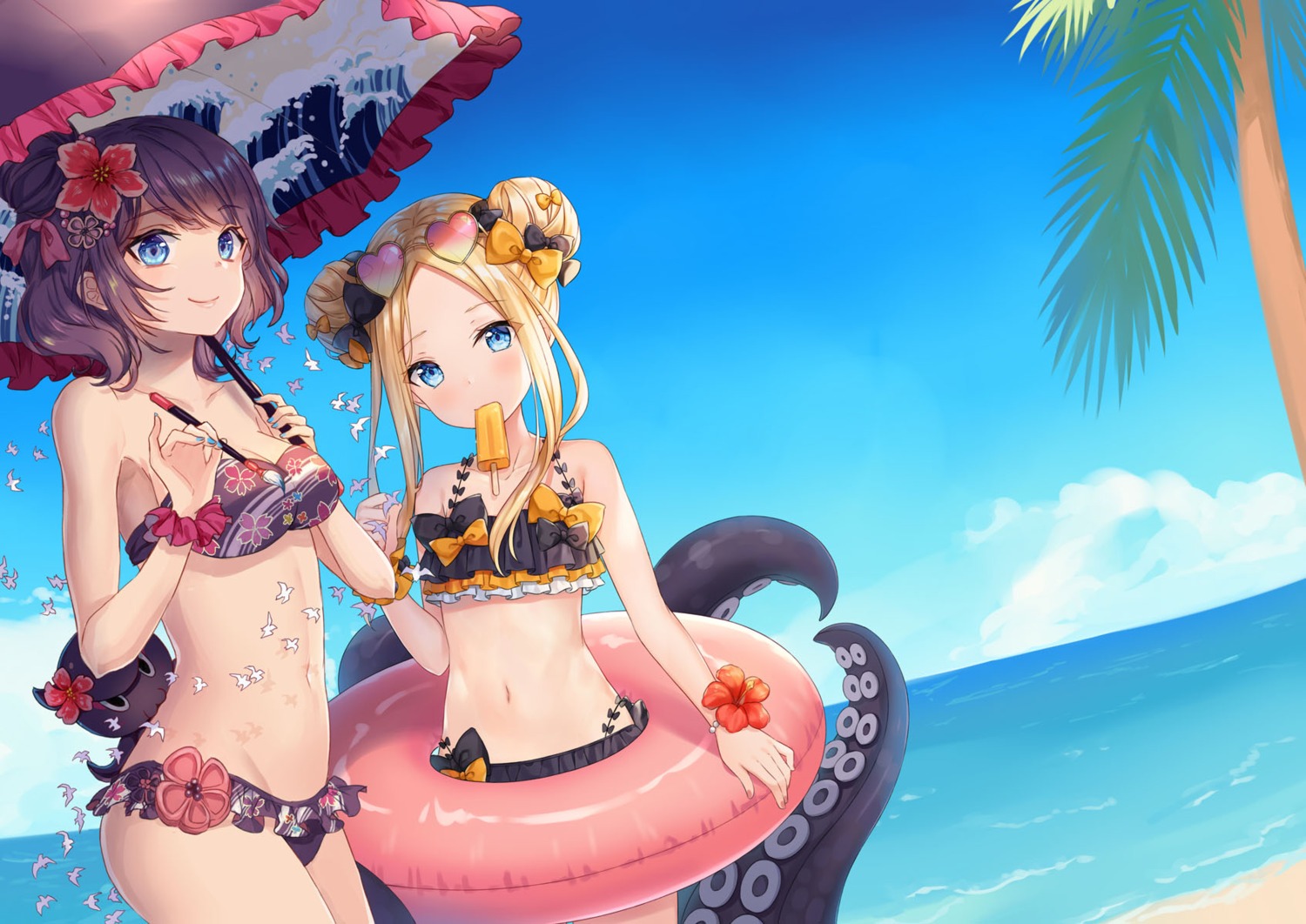 abigail_williams_(fate) bikini cleavage fate/grand_order hitsukuya katsushika_hokusai_(fate) megane swimsuits ten-chan_(eternal_s) tentacles umbrella