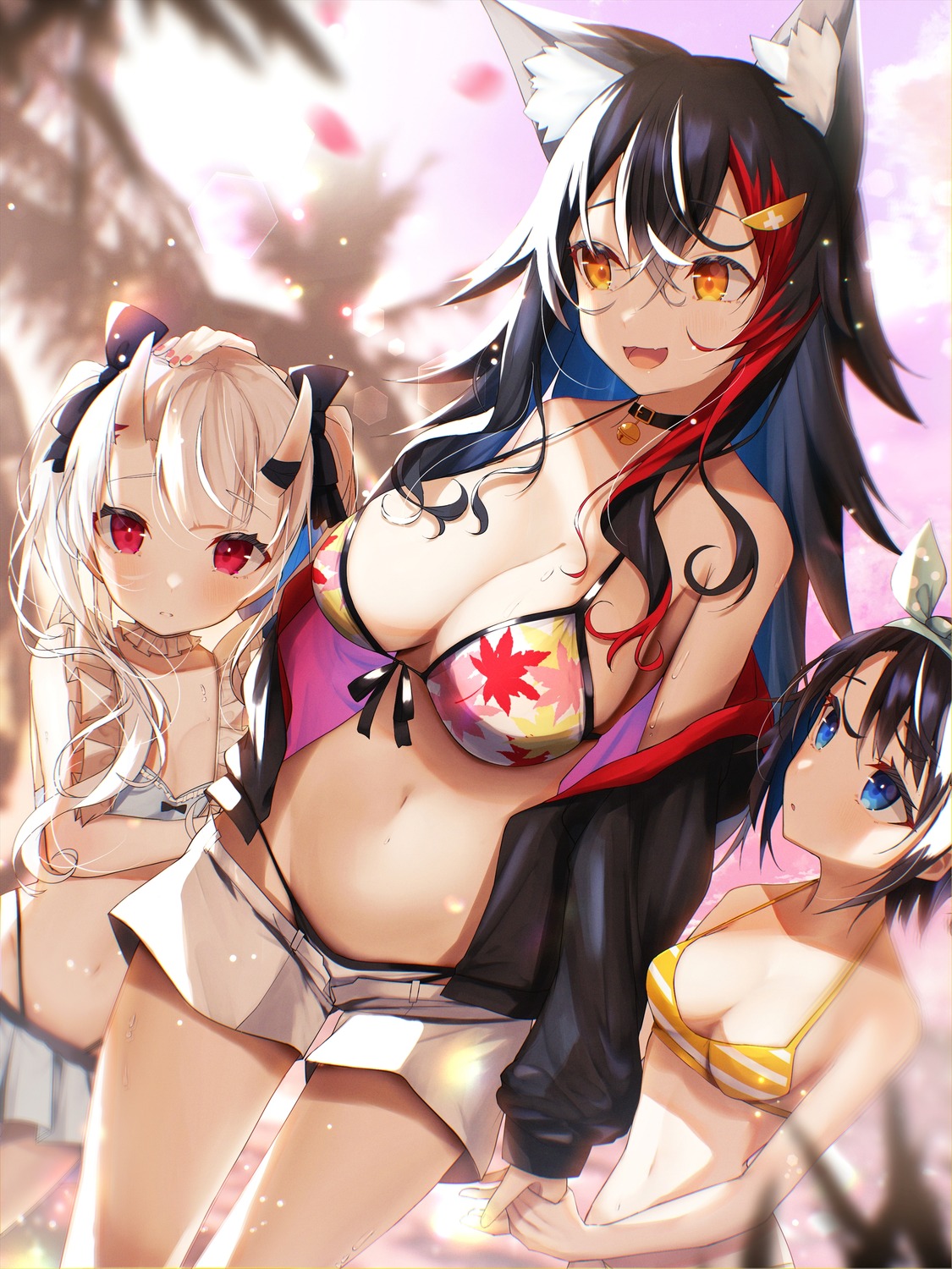 animal_ears bikini hololive hololive_gamers horns nakiri_ayame nidaime ookami_mio oozora_subaru open_shirt swimsuits