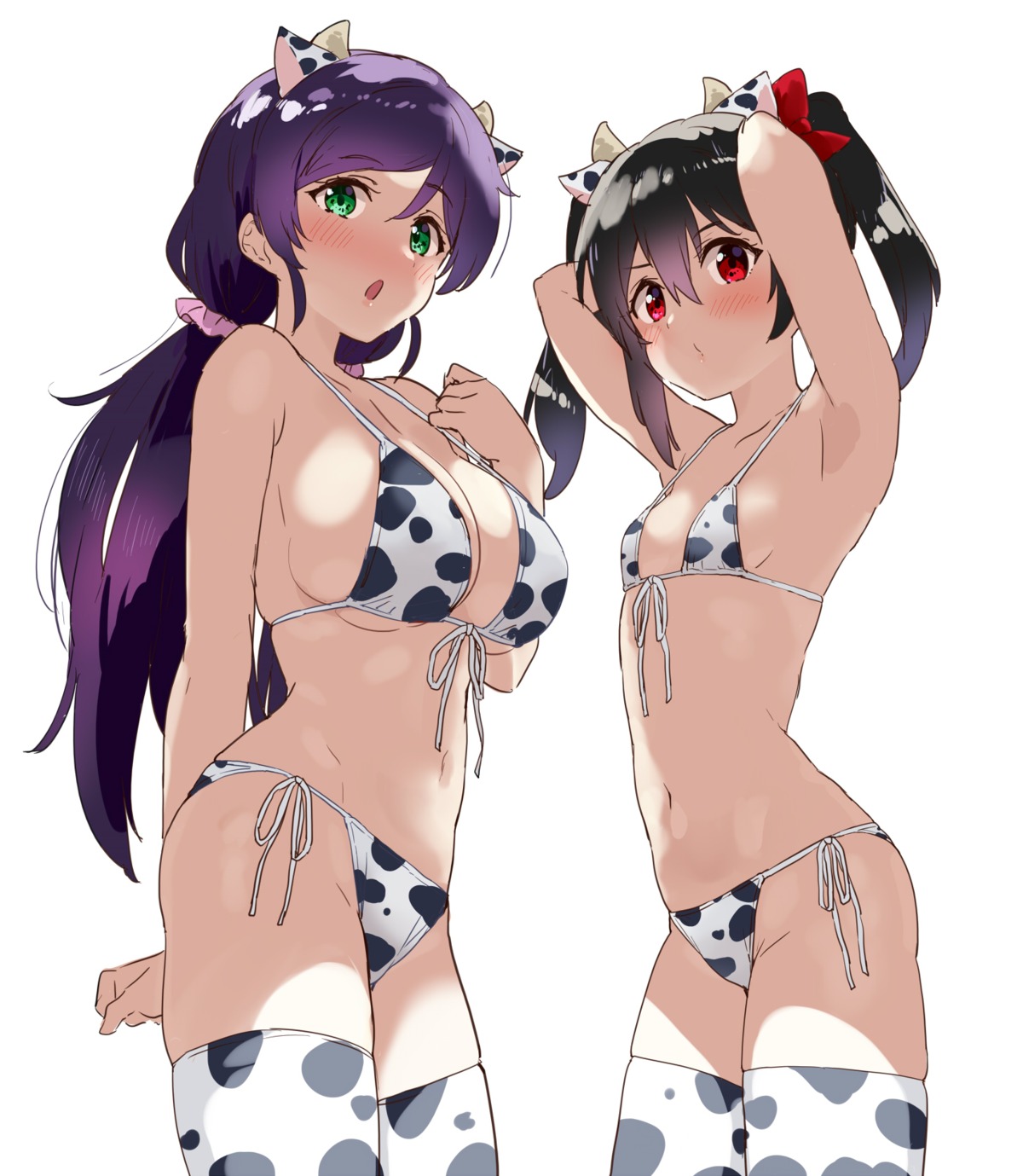 animal_ears bikini horns kurokawa_makoto love_live! swimsuits thighhighs toujou_nozomi yazawa_nico