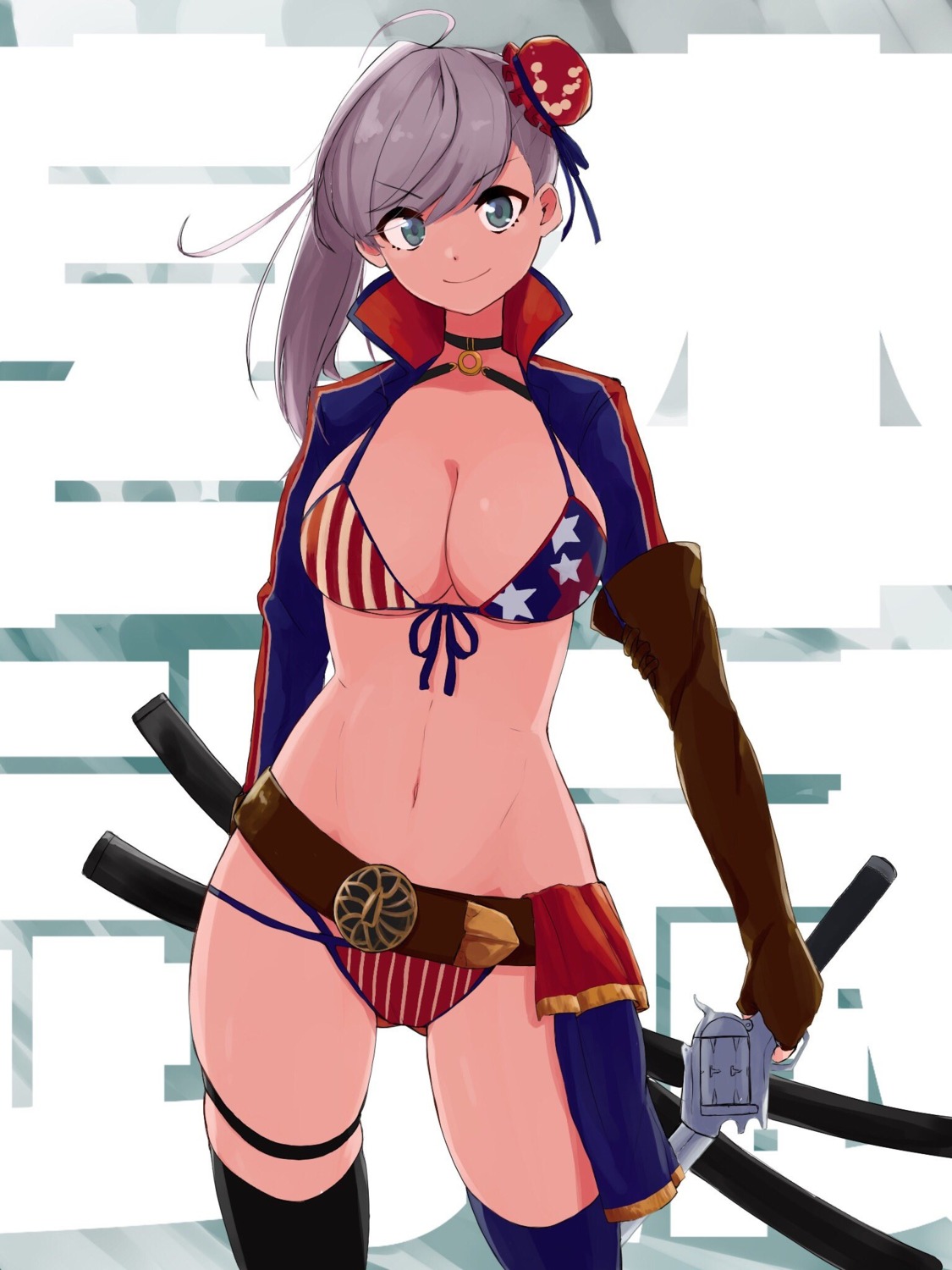 bikini fate/grand_order garter miyamoto_musashi_(fate/grand_order) swimsuits sword thighhighs torimazoku weapon