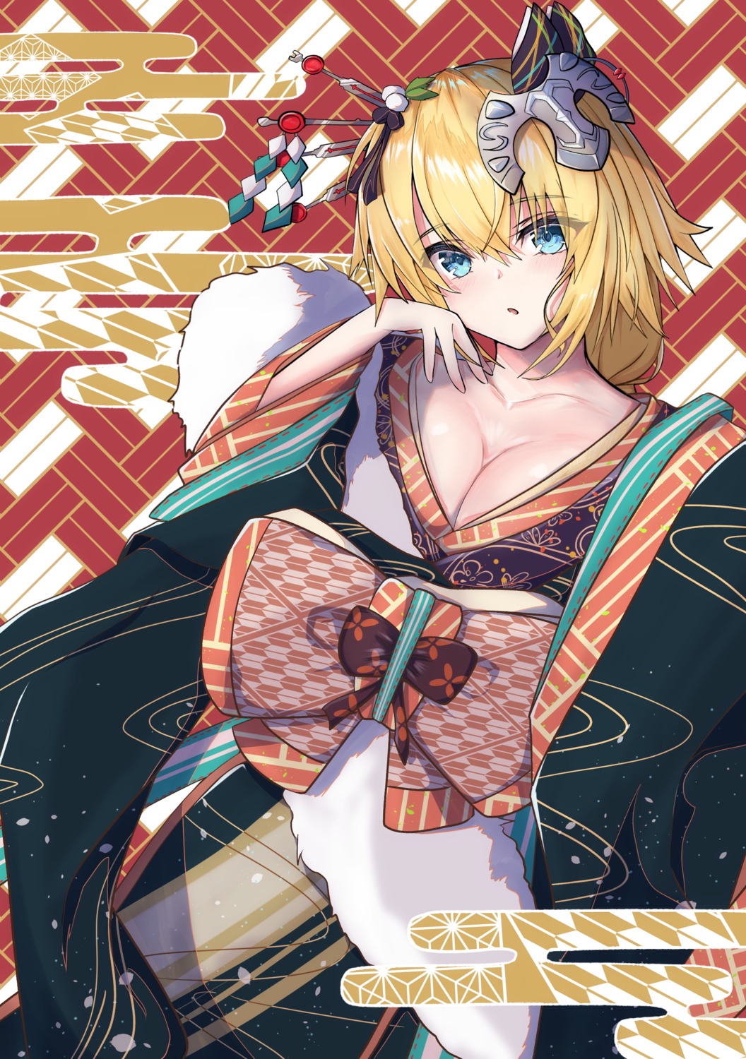 cleavage fate/grand_order jeanne_d'arc jeanne_d'arc_(fate) kimono no_bra nuts_(artist) open_shirt