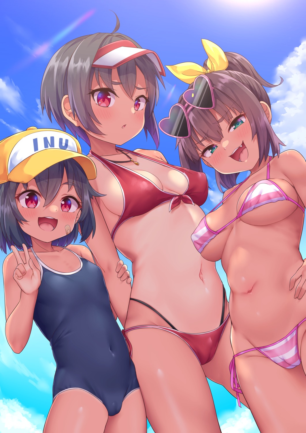 bandaid bikini cameltoe cleavage erect_nipples kanabun loli megane school_swimsuit swimsuits tan_lines