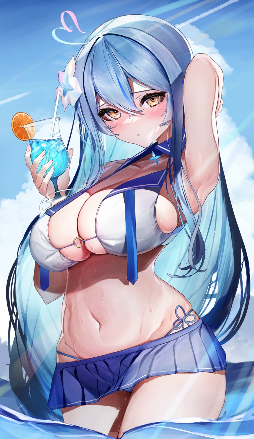 bikini hololive lamium_(artist) skirt_lift swimsuits wet yukihana_lamy