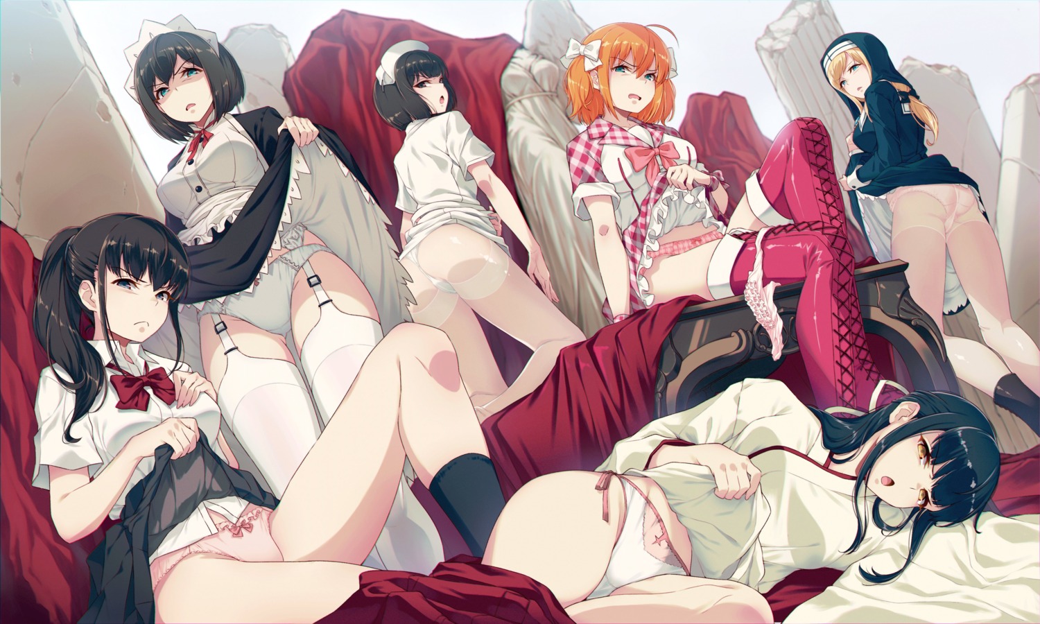 40hara ass itou_chitose iya_na_kao_sare_nagara_o-pantsu_misete_moraitai izumo_iori japanese_clothes maid nun nurse pantsu pantyhose see_through sega_airi seifuku skirt_lift stockings takayama_maria_(iyapan) tanahashi_mirei thighhighs waitress yuina_(iyapan)