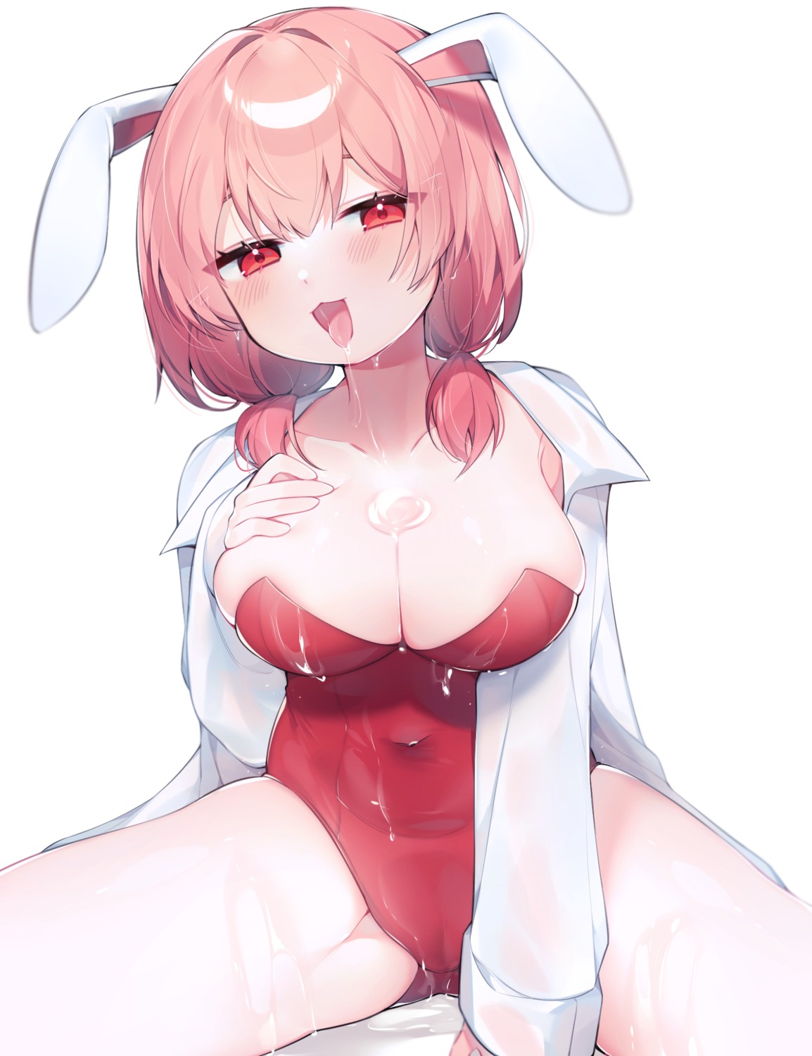 animal_ears breast_hold bunny_ears bunny_girl cameltoe dress_shirt no_bra see_through sen_light wet wet_clothes