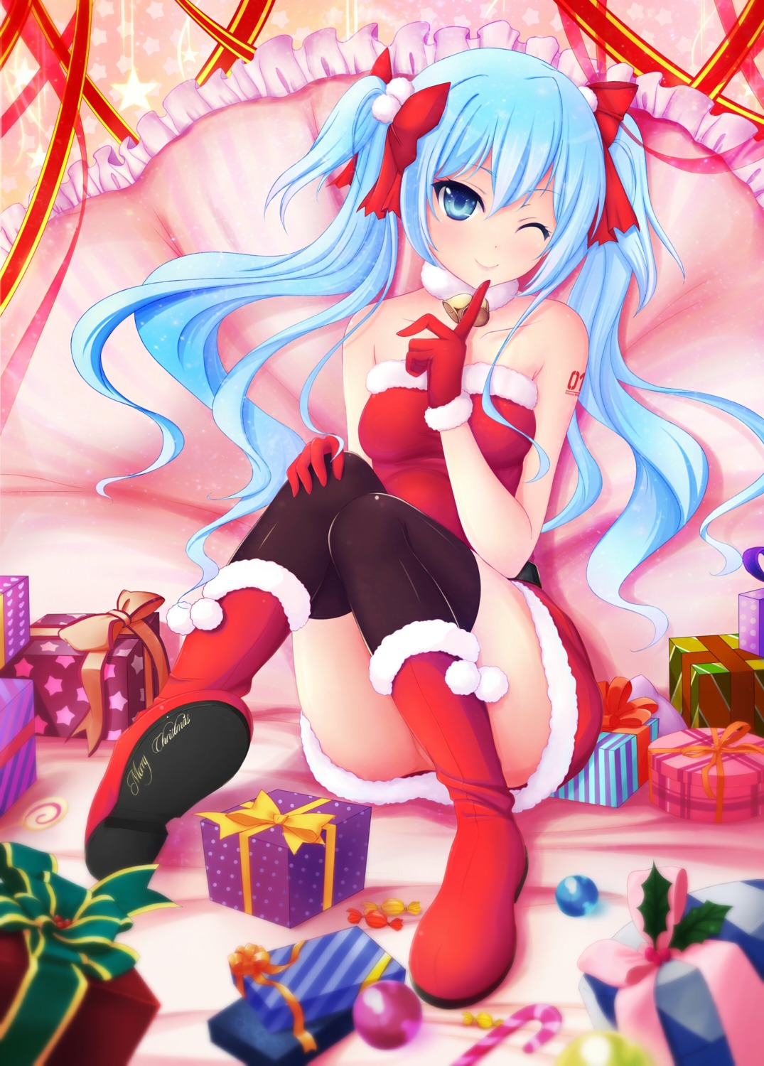 christmas dress hatsune_miku kuro_neko_(yxmikan) nopan tattoo thighhighs vocaloid