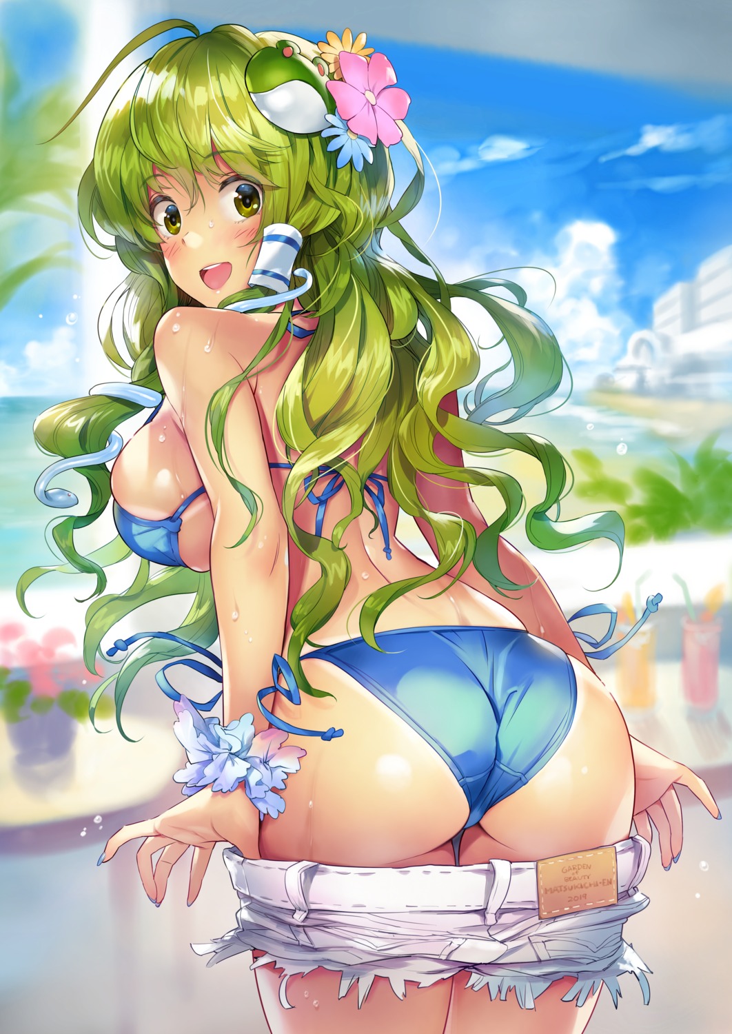 ass bikini kochiya_sanae matsuda_(matsukichi) swimsuits tan_lines touhou undressing