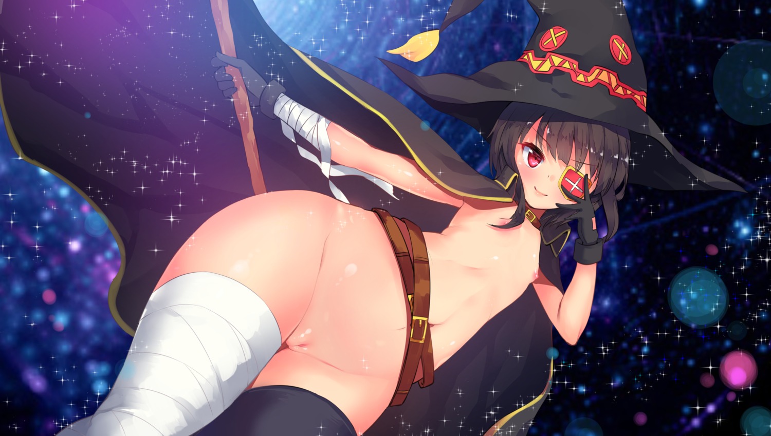 bandages eyepatch kono_subarashii_sekai_ni_shukufuku_wo! loli megumin naked_cape nipples panbai photoshop pussy thighhighs uncensored witch